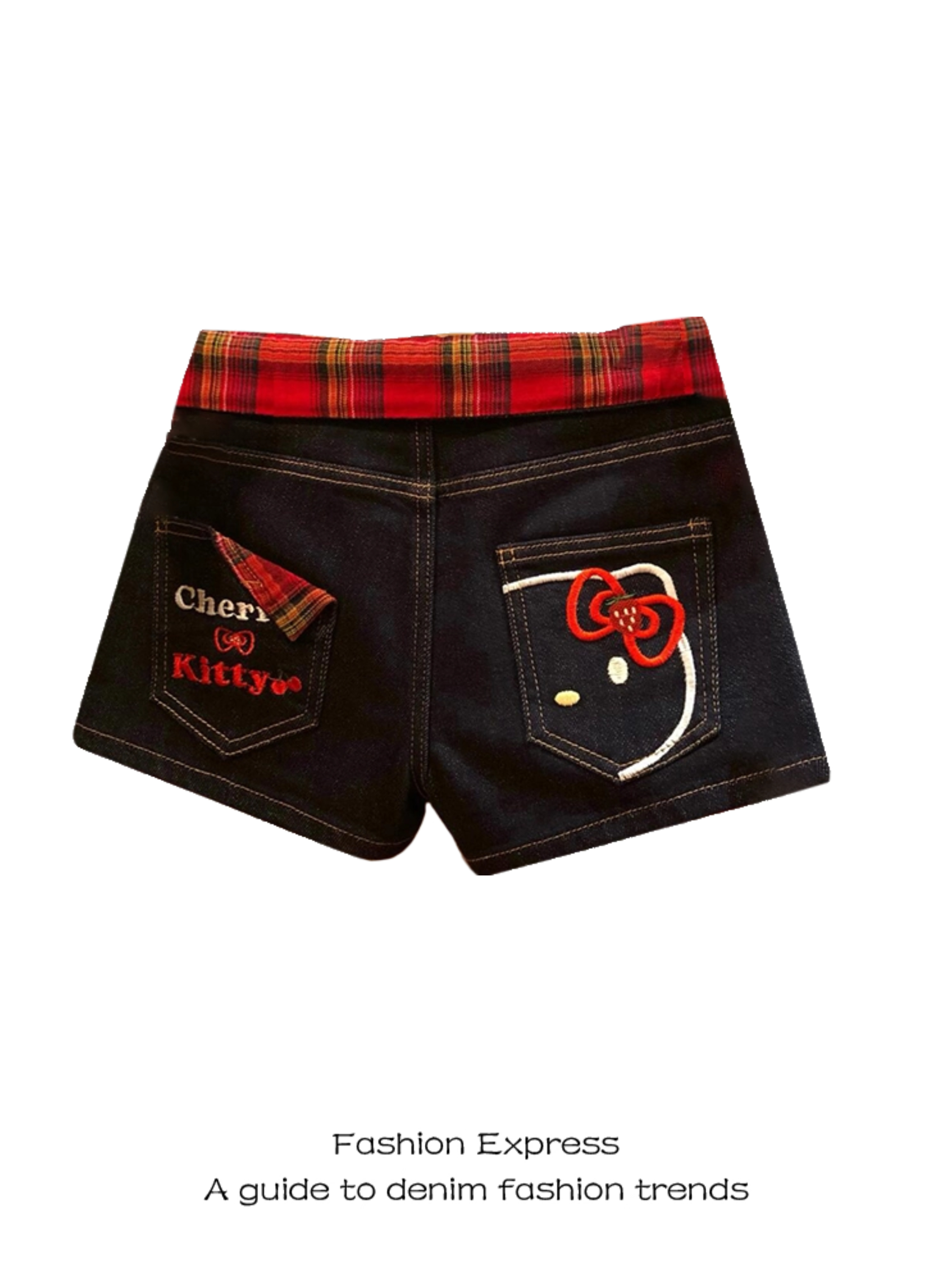 High-Waisted Red Plaid Splicing Short Shorts with Hello Kitty Embroidery - American Retro High Street Hot Girl Summer Style