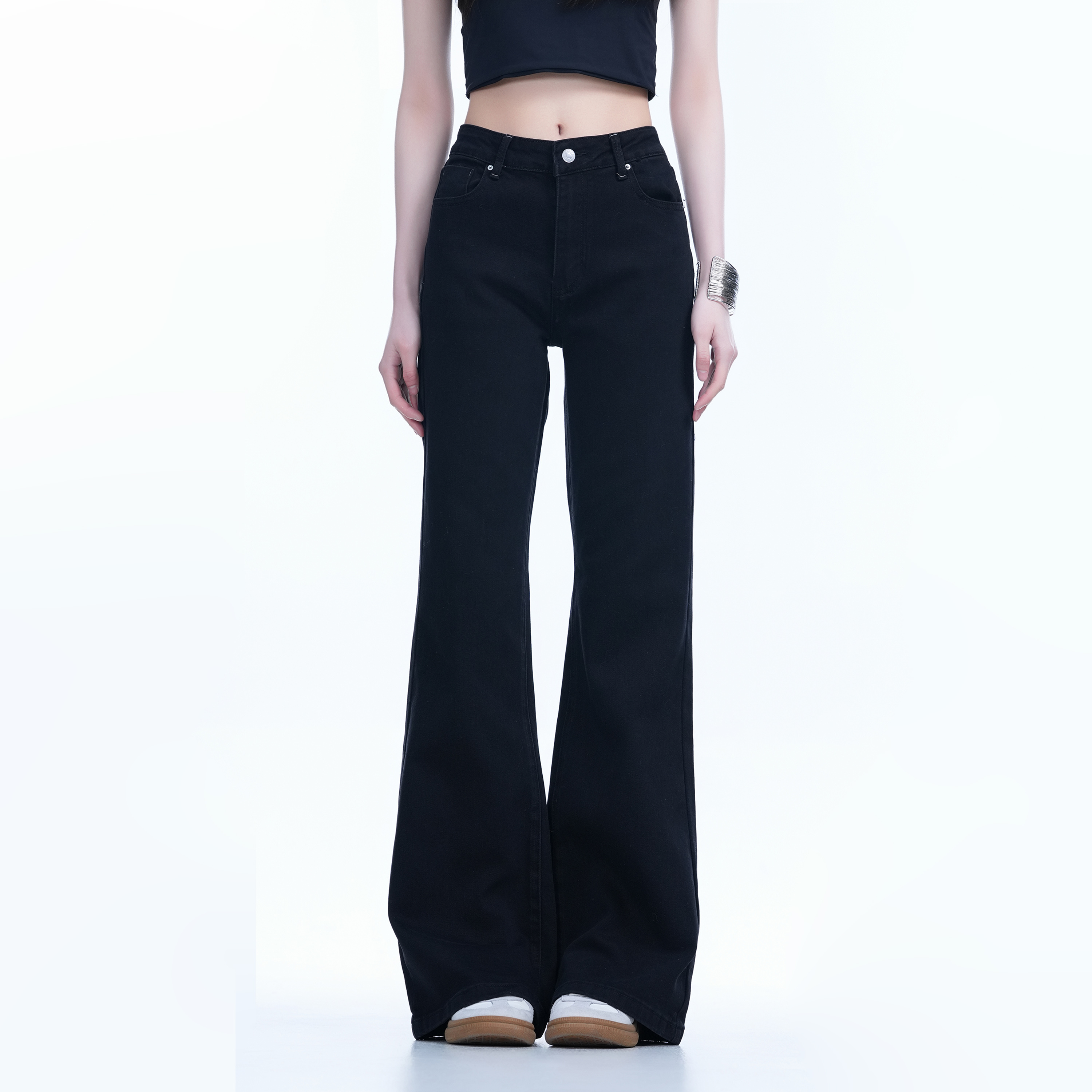 High-Waisted Retro Black Flared Jeans for Women, Slimming Floor-Length Summer Style, 90s Inspired Fashion