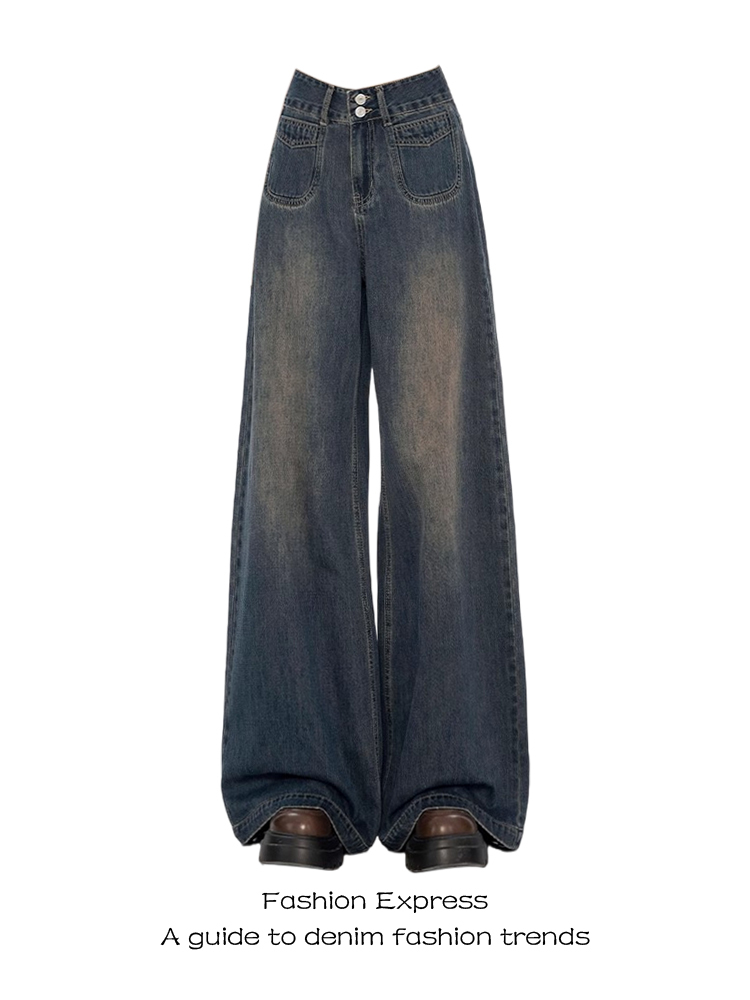 High-Waisted Retro Cement Gray Wide-Leg Jeans, 2025 Trendy Loose Draped Floor-Length Pants for Effortless Style