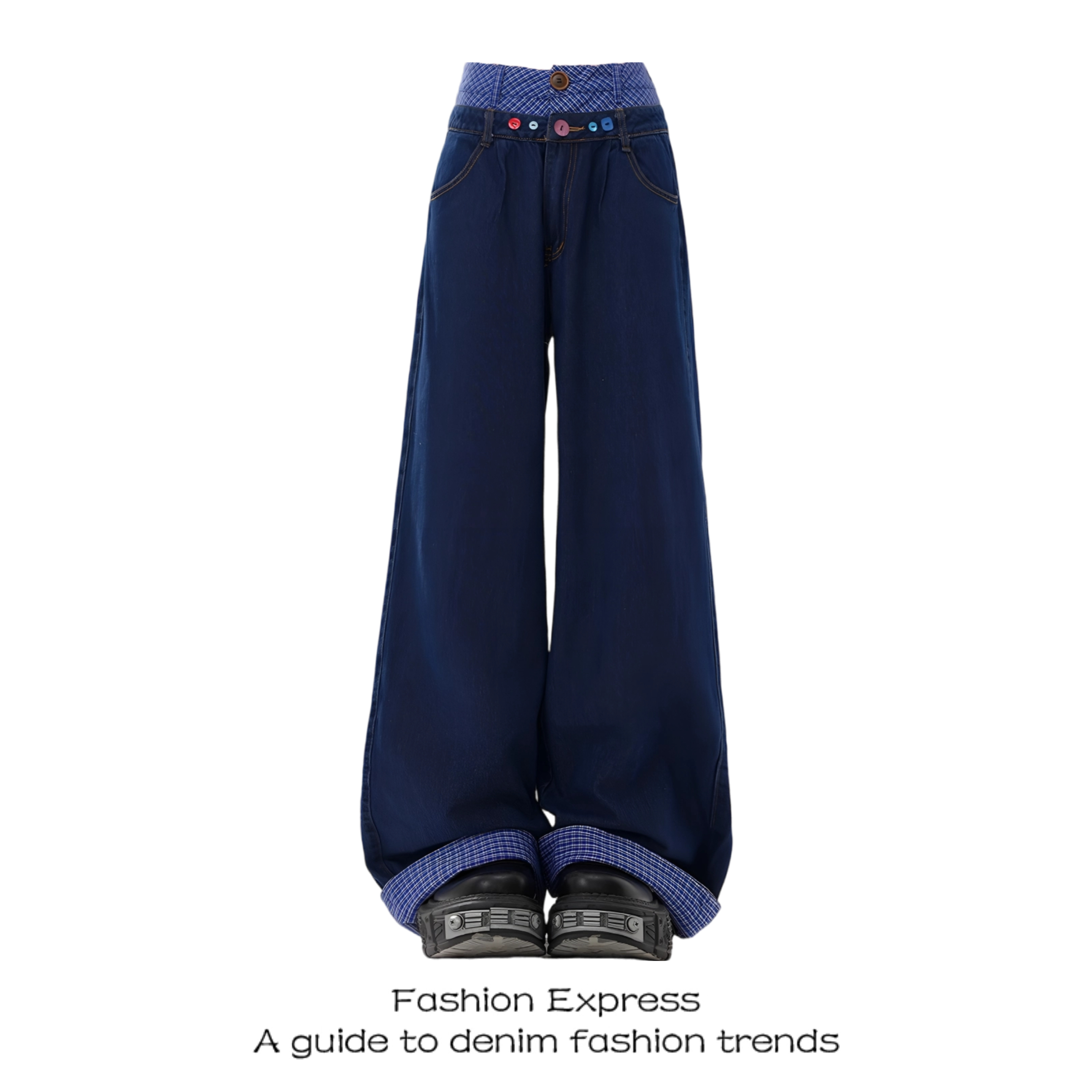 High-Waisted Retro Double-Waist Spliced Denim Pants for Women - Straight-Leg Wide-Leg Style for Autumn/Winter 2025
