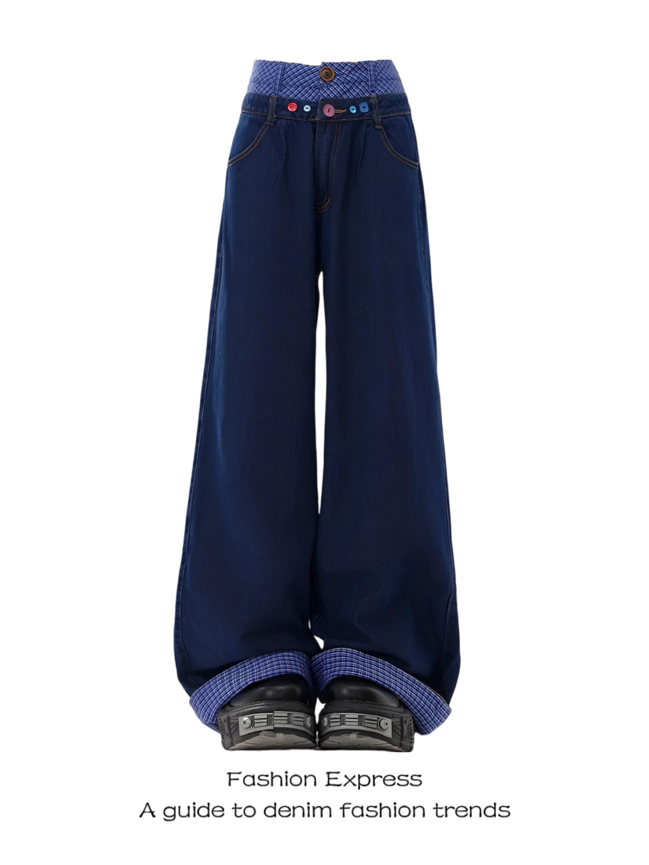 High-Waisted Retro Double-Waist Spliced Denim Pants for Women - Straight-Leg Wide-Leg Style for Autumn/Winter 2025