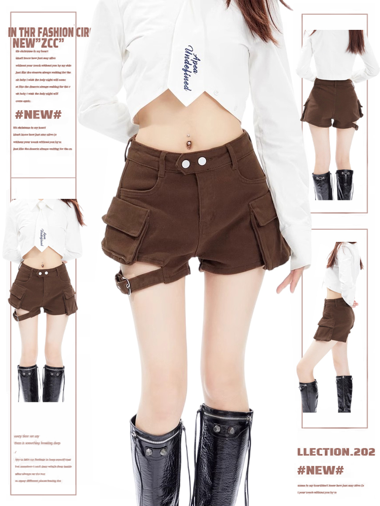High-Waisted Retro Melard Coffee Color Denim Shorts for Women - A-Line Wide-Leg Workwear Hot Pants for Autumn/Winter 2025