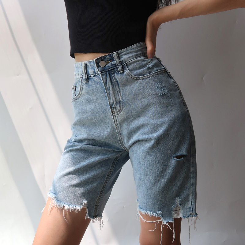 High-Waisted Retro Slim-Fit Frayed Denim Shorts for Women - European & American Style Cycling Summer Shorts