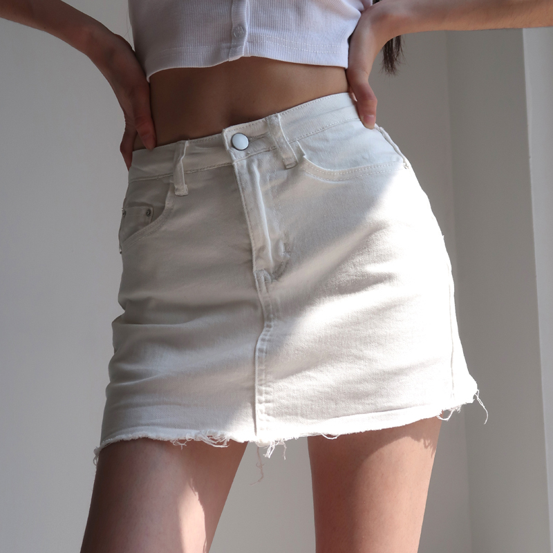 High-Waisted Ripped Denim Mini Skirt & White Bodycon Pencil Skirt - Sexy Slim Fit, Anti-Exposure, 90s Inspired Fashion