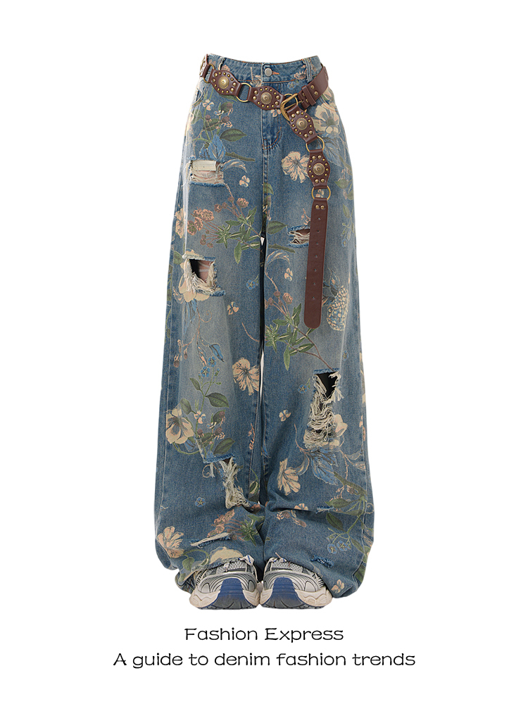 High-Waisted Ripped Jeans for Women - Floral Print, Loose Fit, Floor-Length, Autumn 2025 Trend, Y2K Style