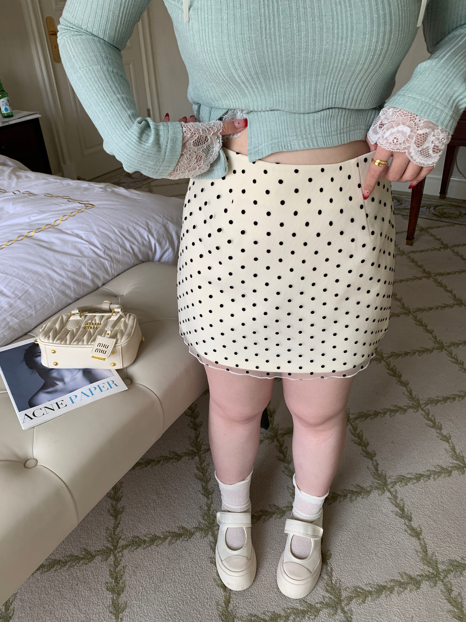 High-Waisted Sheer Polka Dot Skirt in Korean Retro Style for a Slightly Chubby Onii Look