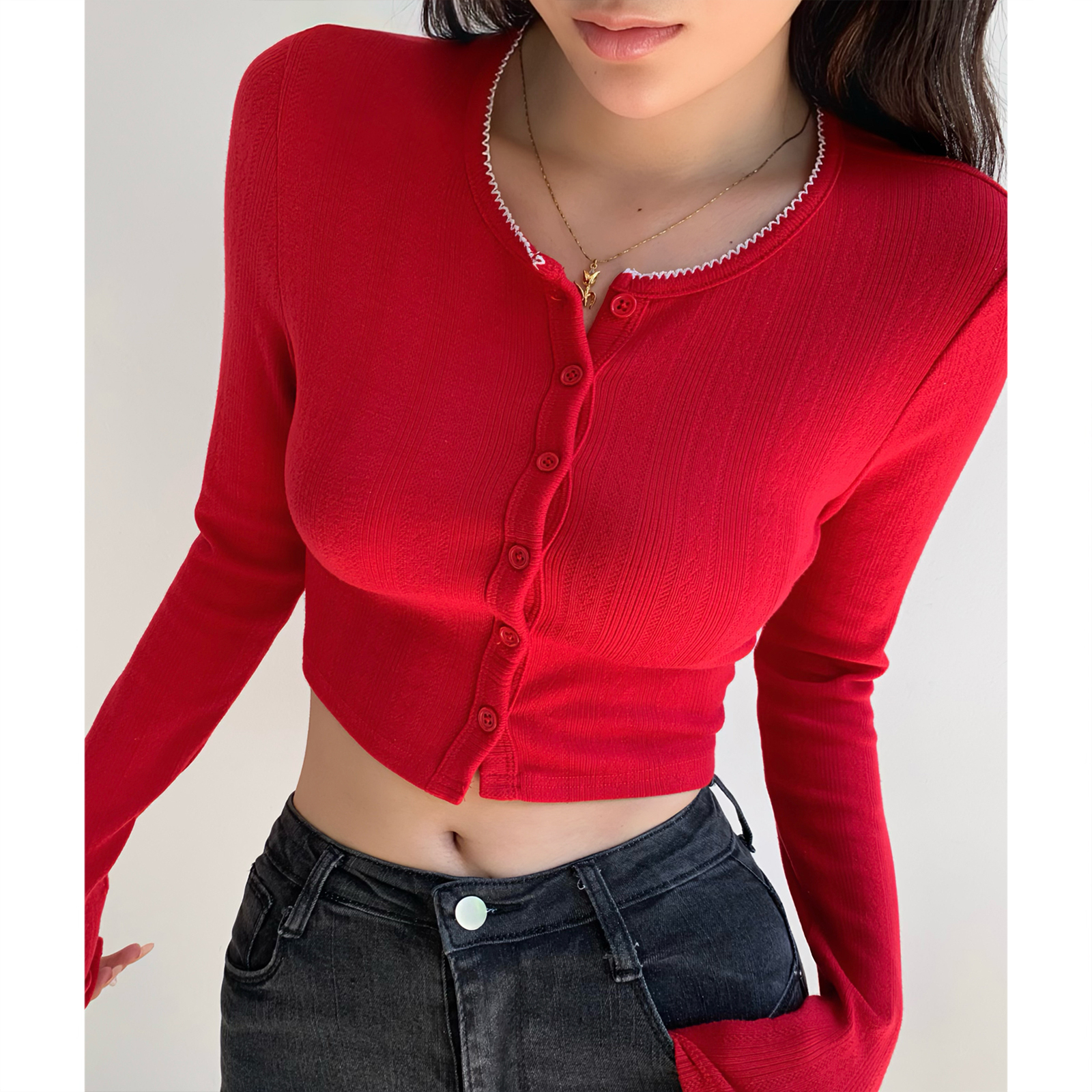 High-Waisted Slim Fit Knitted Cardigan - American Vintage Style, Long Sleeve, Single-Breasted, 90s Inspired Fashion Top