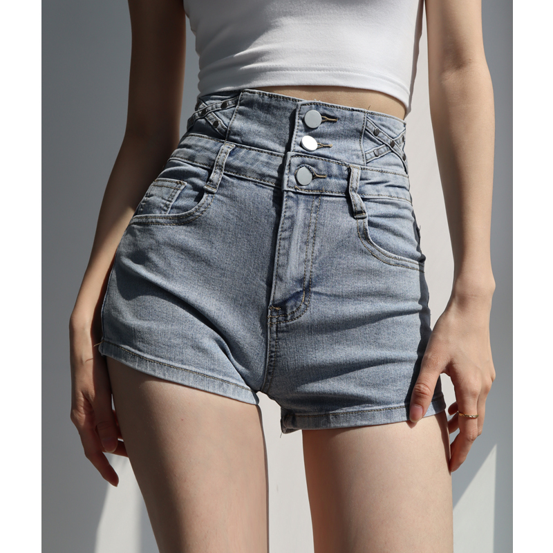 High-Waisted Vintage-Style Denim Pencil Shorts for Women - Slimming, Three-Button, Elastic Fitted Hot Pants, European American Fashion