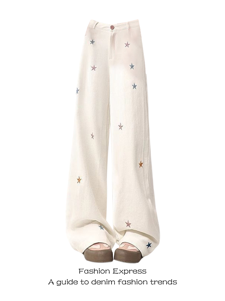 High-Waisted White Star Embroidered Denim Pants for Women, Loose Straight Wide-Leg Trousers, Autumn Winter Fashion