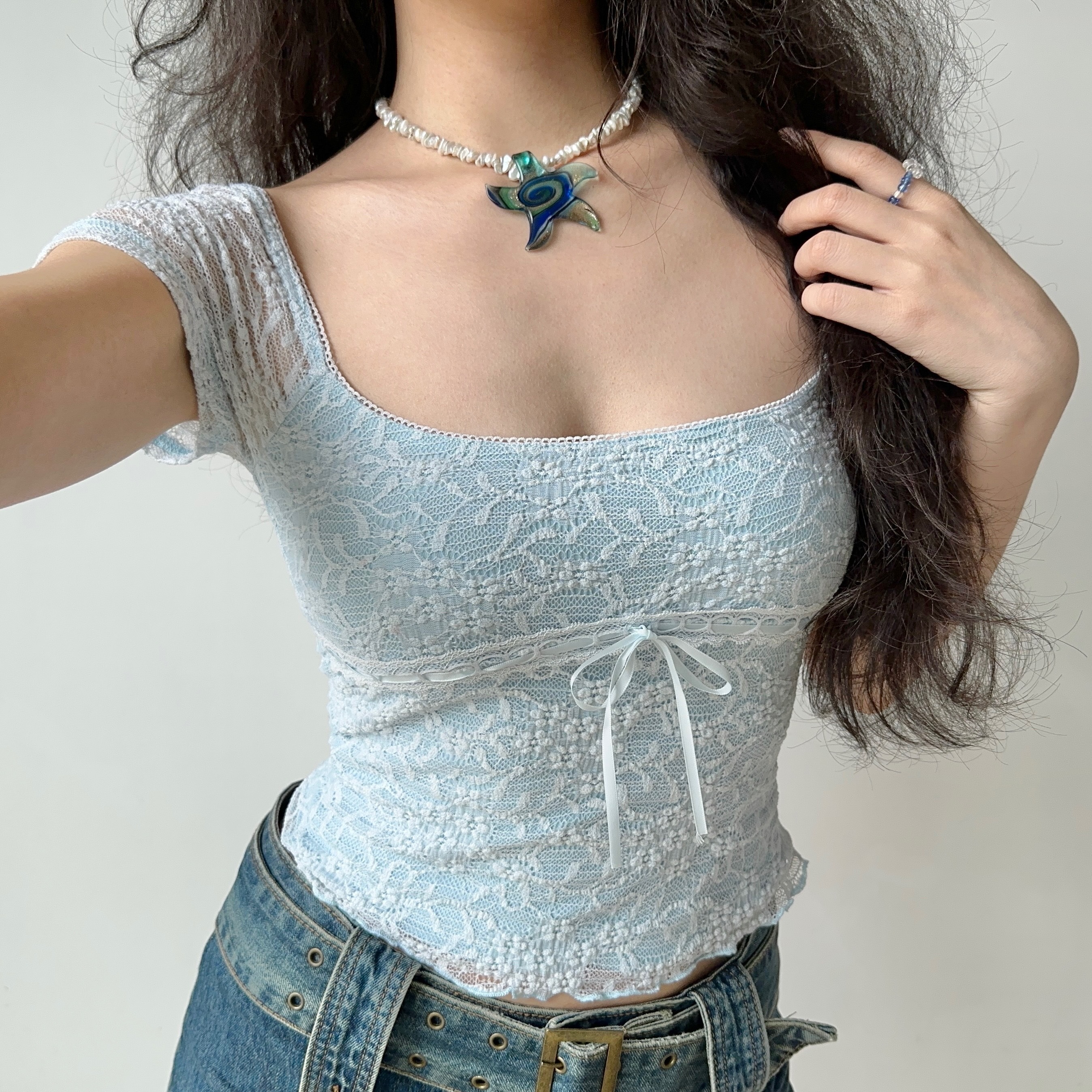 Hollow Lace Trim Square Neck Short Sleeve T-Shirt for Women - Summer Slim Fit Top in European & American Style