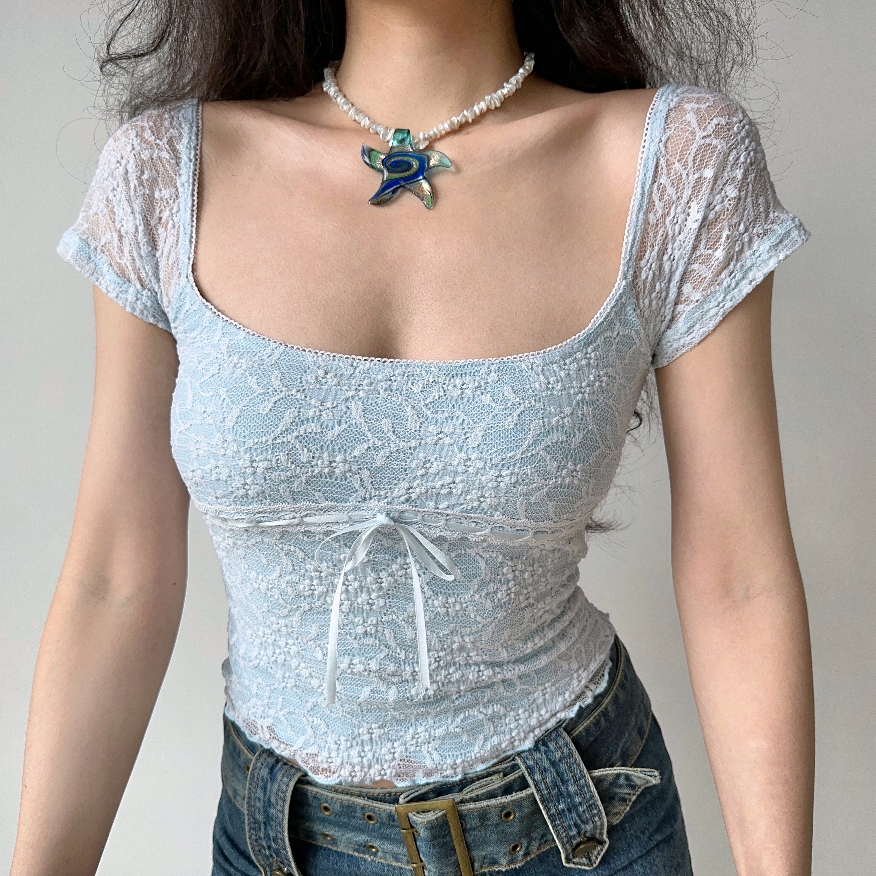 Hollow Lace Trim Square Neck Short Sleeve T-Shirt for Women - Summer Slim Fit Top in European & American Style