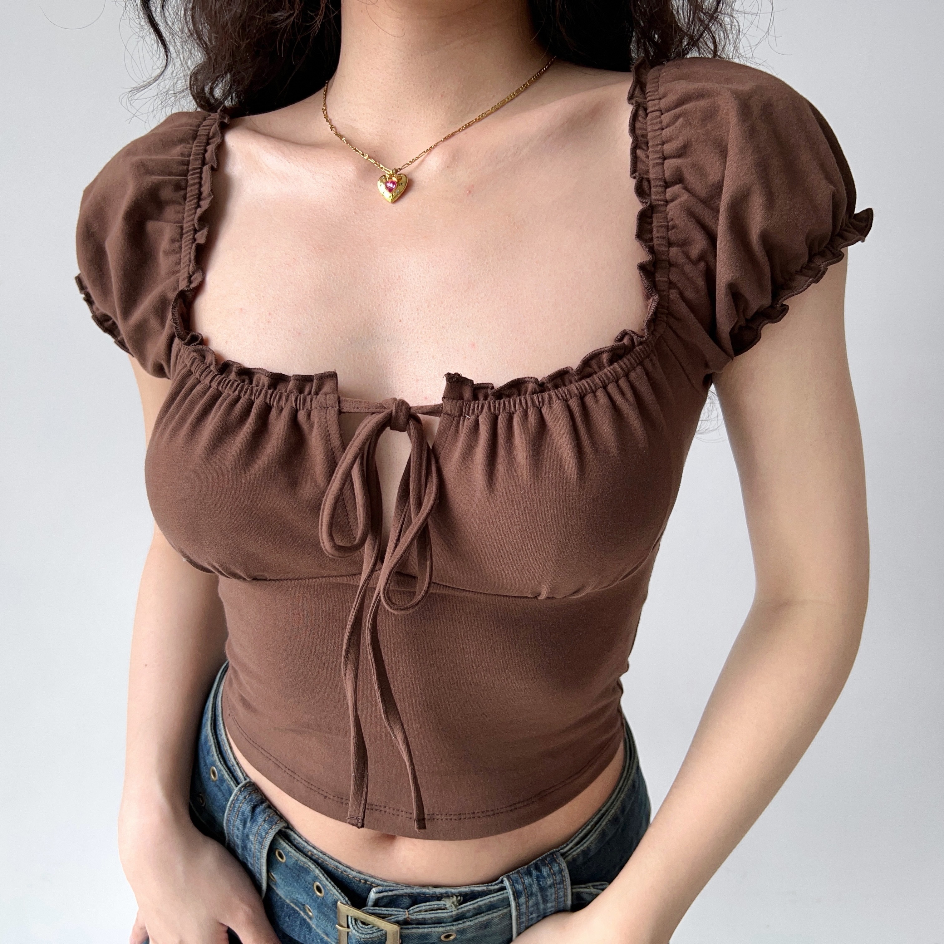 Hollow-Out Lace-Up Square Neck Puff Sleeve Short Sleeve T-Shirt for Women - Slim Fit European American Style Fashion Top
