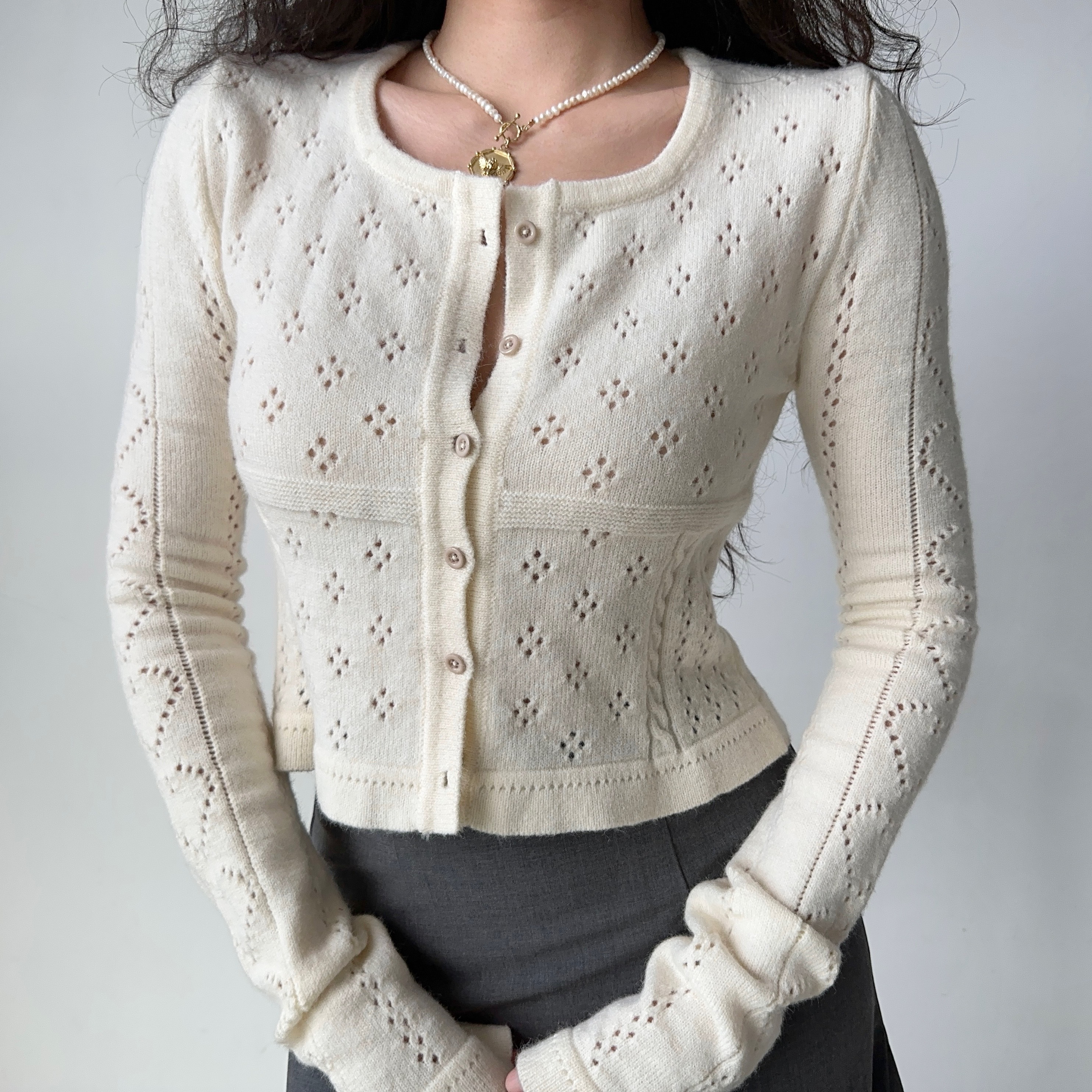 Hollow Square Neck Knitted Cardigan - Women's Slim Fit Short Long Sleeve Top in European American Style, Trendy Y2K Fashion