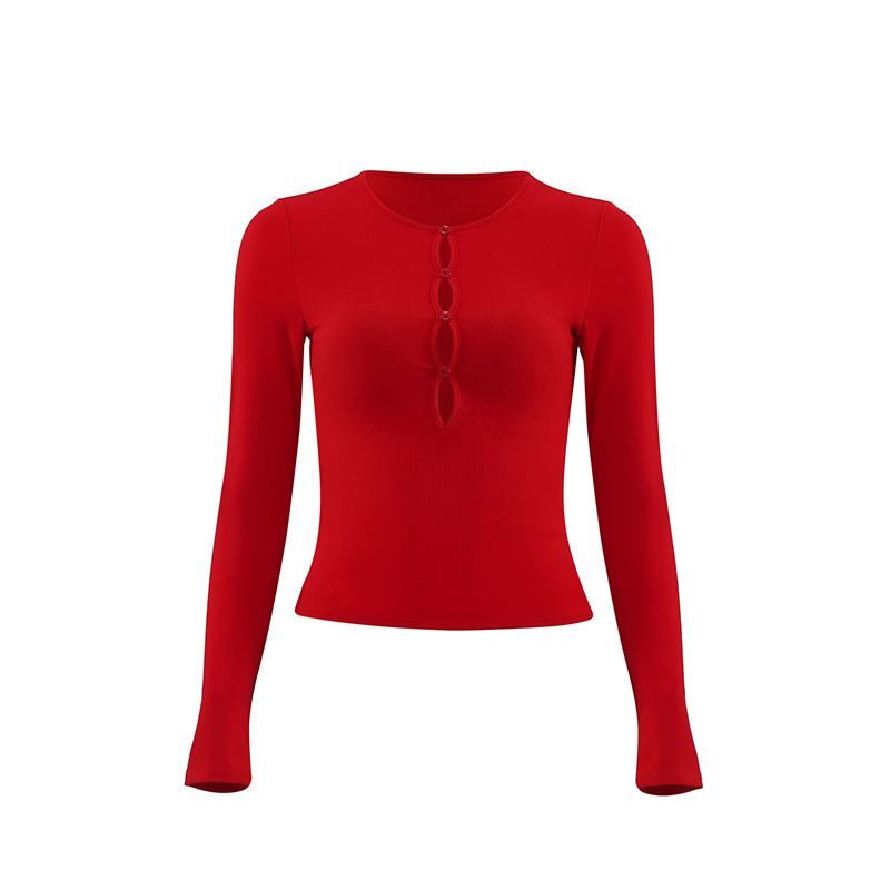 Hollowed-Out Long Sleeve T-Shirt - French Slim Fit Red Sexy Tight Top with Chest Pad - Y2K Style Fashion