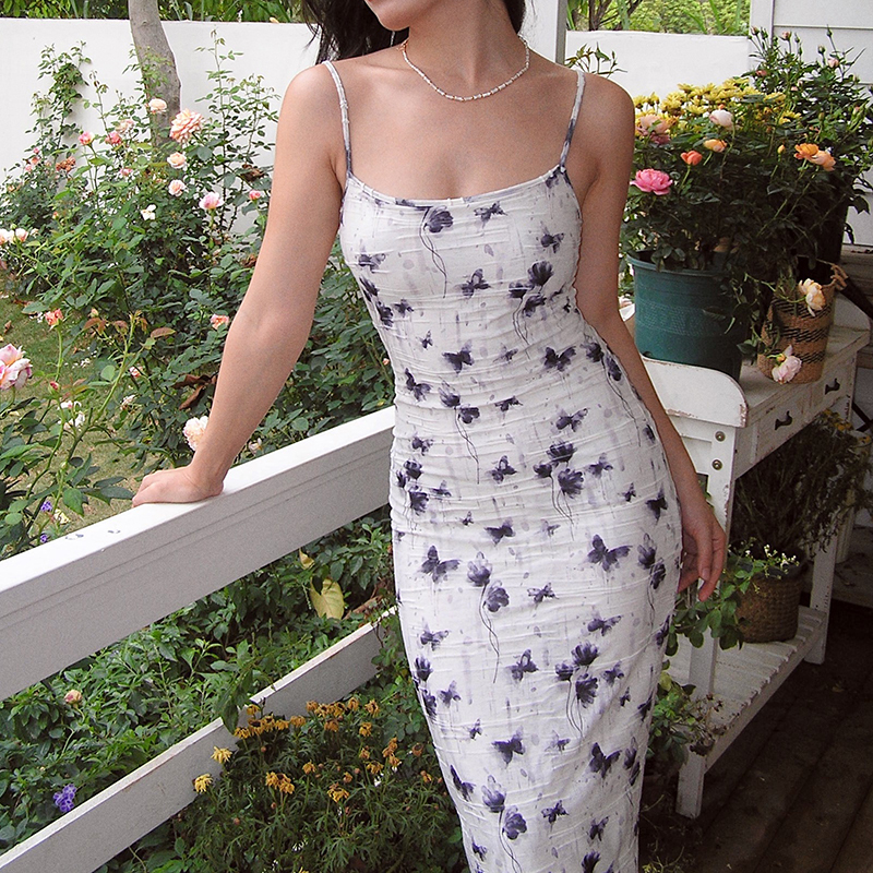 Ink Wash Butterfly Print Backless Bodycon Camisole Dress - Slim Sexy Fitted Style for 90s Y2K Fashion Lovers