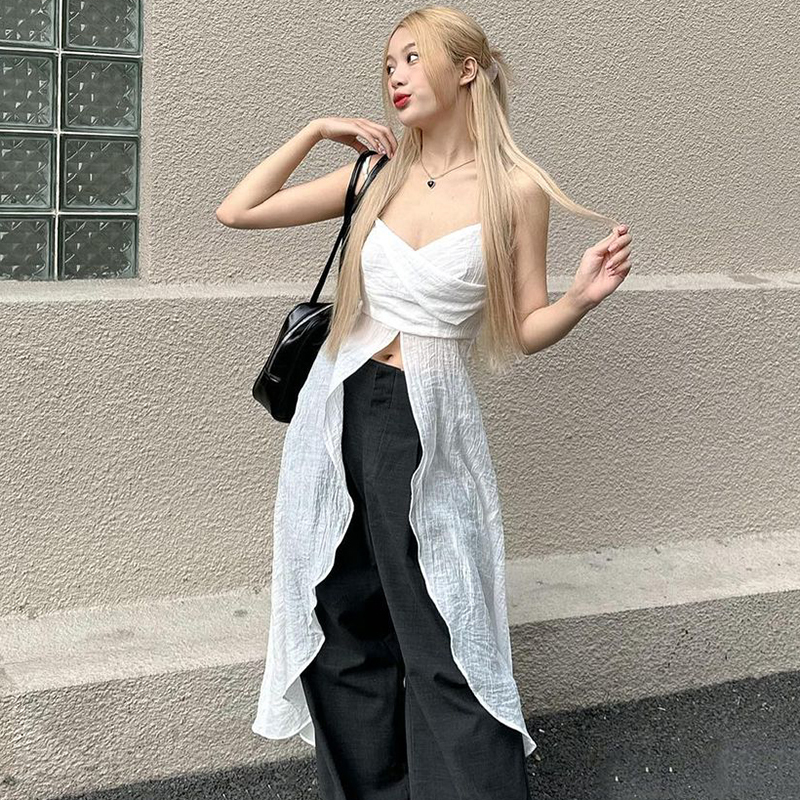 Irregular Flowing Strap White Camisole - Backless Beach Top for Women - Sexy Vacation Style Summer Wear