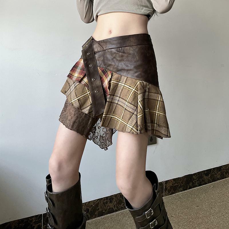 Irregular Plaid Lace Spliced Leather Short Skirt - Vintage Versatile Slim-Fit Midi Skirt for Y2K and Wasteland Academy Style