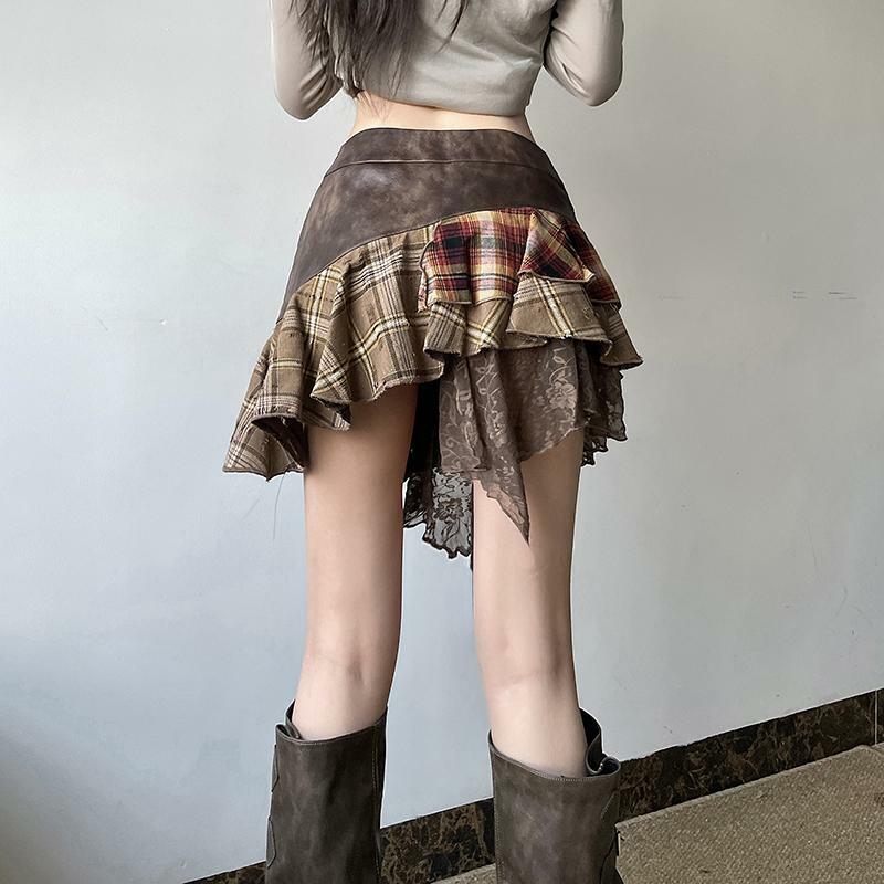 Irregular Plaid Lace Spliced Leather Short Skirt - Vintage Versatile Slim-Fit Midi Skirt for Y2K and Wasteland Academy Style