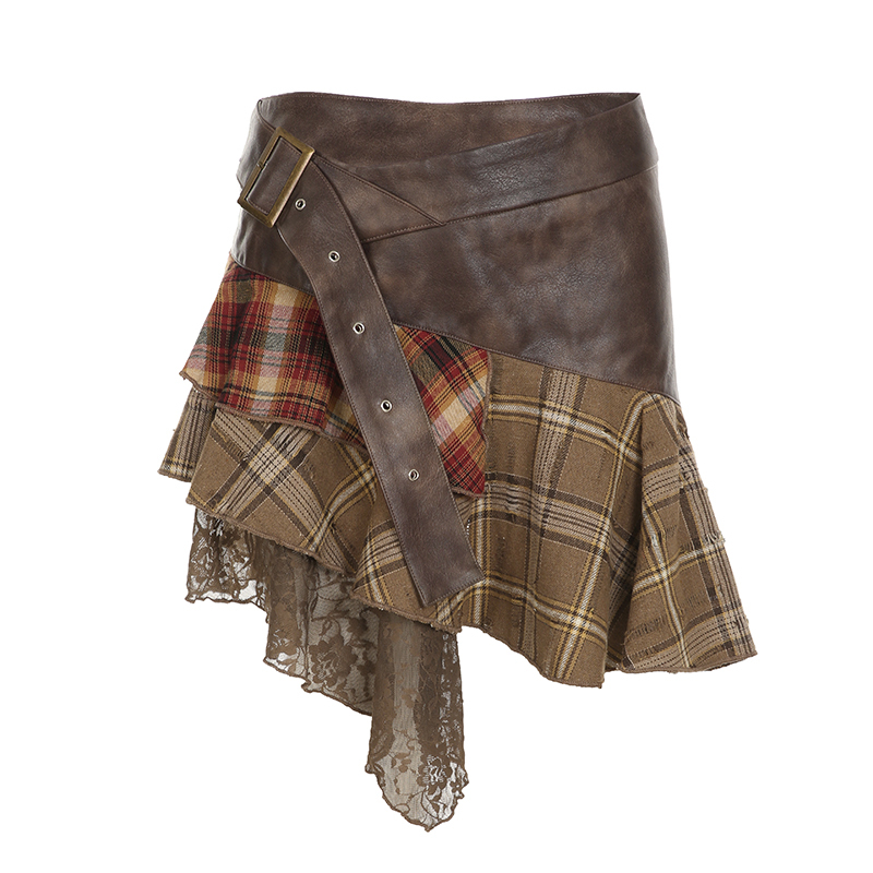 Irregular Plaid Lace Spliced Leather Short Skirt - Vintage Versatile Slim-Fit Midi Skirt for Y2K and Wasteland Academy Style