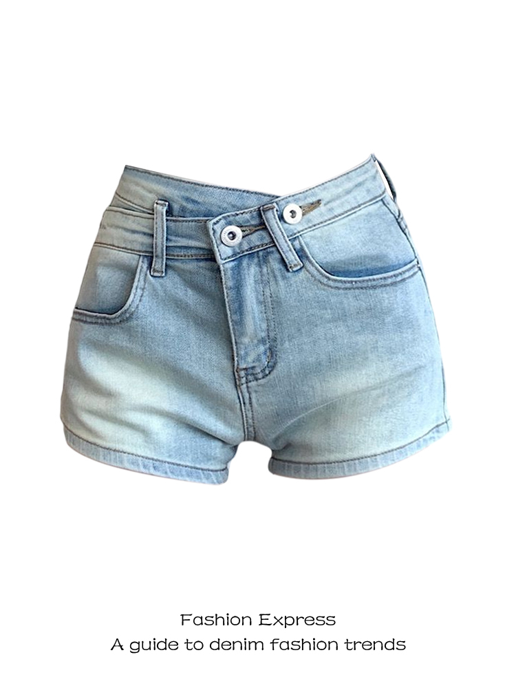 Irregular Washed Denim Shorts with Double Buckle for Women – Sexy Slim Fit Buttock-Hugging Hot Pants for Autumn & Winter Style