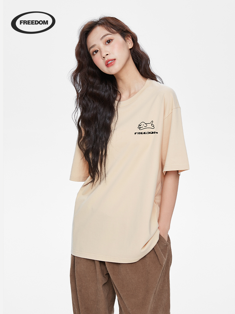 Japanese Cartoon Happy Puppy Pure Cotton Short Sleeve T-Shirt for Women – Casual Summer Couple Top in 2025 Y2K Style