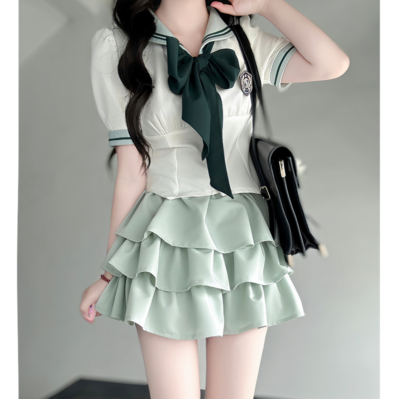 Japanese College Style Pudding Bear JK Uniform Sailor Suit Green Waist-Defined Short Sleeve Summer Outfit with Cake Skirt