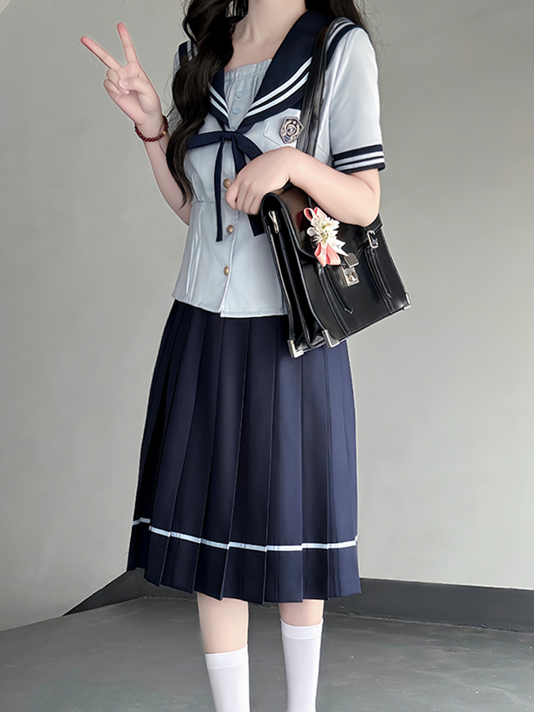 Japanese College Style Sailor Suit with Navy Collar and Waist-Collecting Design - Women's Summer Short Sleeve JK Uniform Set