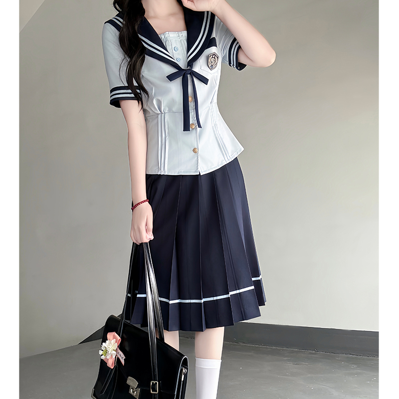 Japanese College Style Sailor Suit with Navy Collar and Waist-Collecting Design - Women's Summer Short Sleeve JK Uniform Set