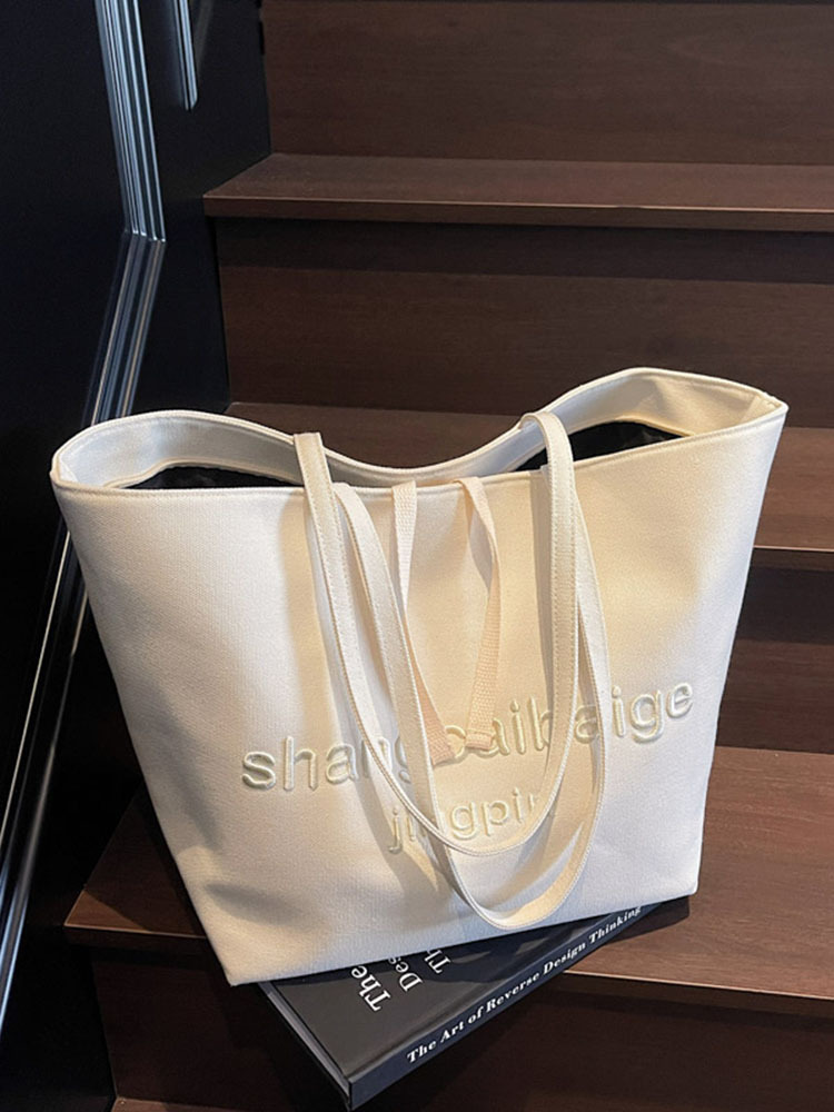 Japanese Harajuku Canvas Tote Bag for Women - 2025 Embroidered Letter Design, Large Capacity, Stylish Commuting & Shopping Bag