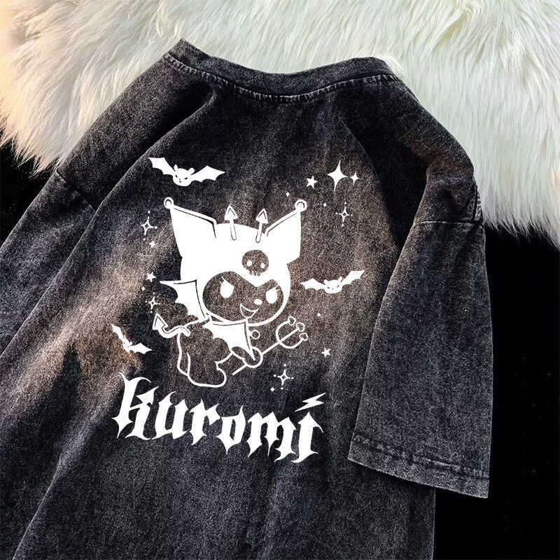Japanese Kuromi Print Vintage Black Cotton Short Sleeve T-Shirt for Men, Loose Fit High Street Trendy Wear
