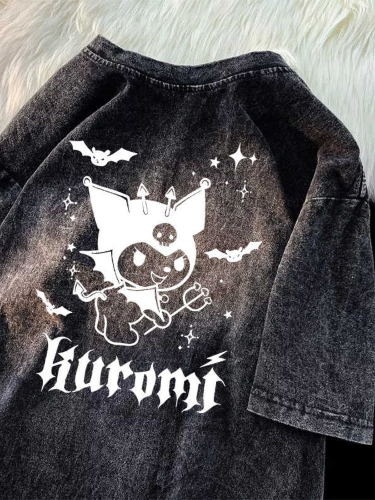 Japanese Kuromi Print Vintage Black Cotton Short Sleeve T-Shirt for Men, Loose Fit High Street Trendy Wear