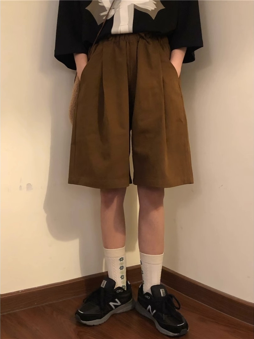 Japanese Retro Coffee Color Work Shorts for Men & Women - Summer Loose Casual Straight Wide-Leg Five-Point Pants