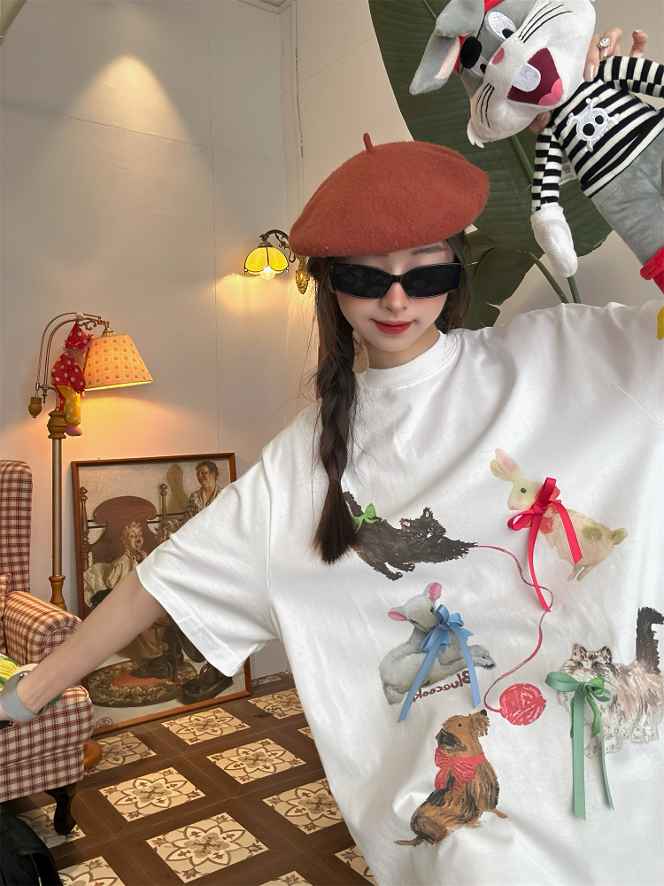 Japanese Retro Cute Cat Print Short Sleeve T-Shirt for Women, Bow Detail, Loose Fit, Y2K Style, Casual Summer Top