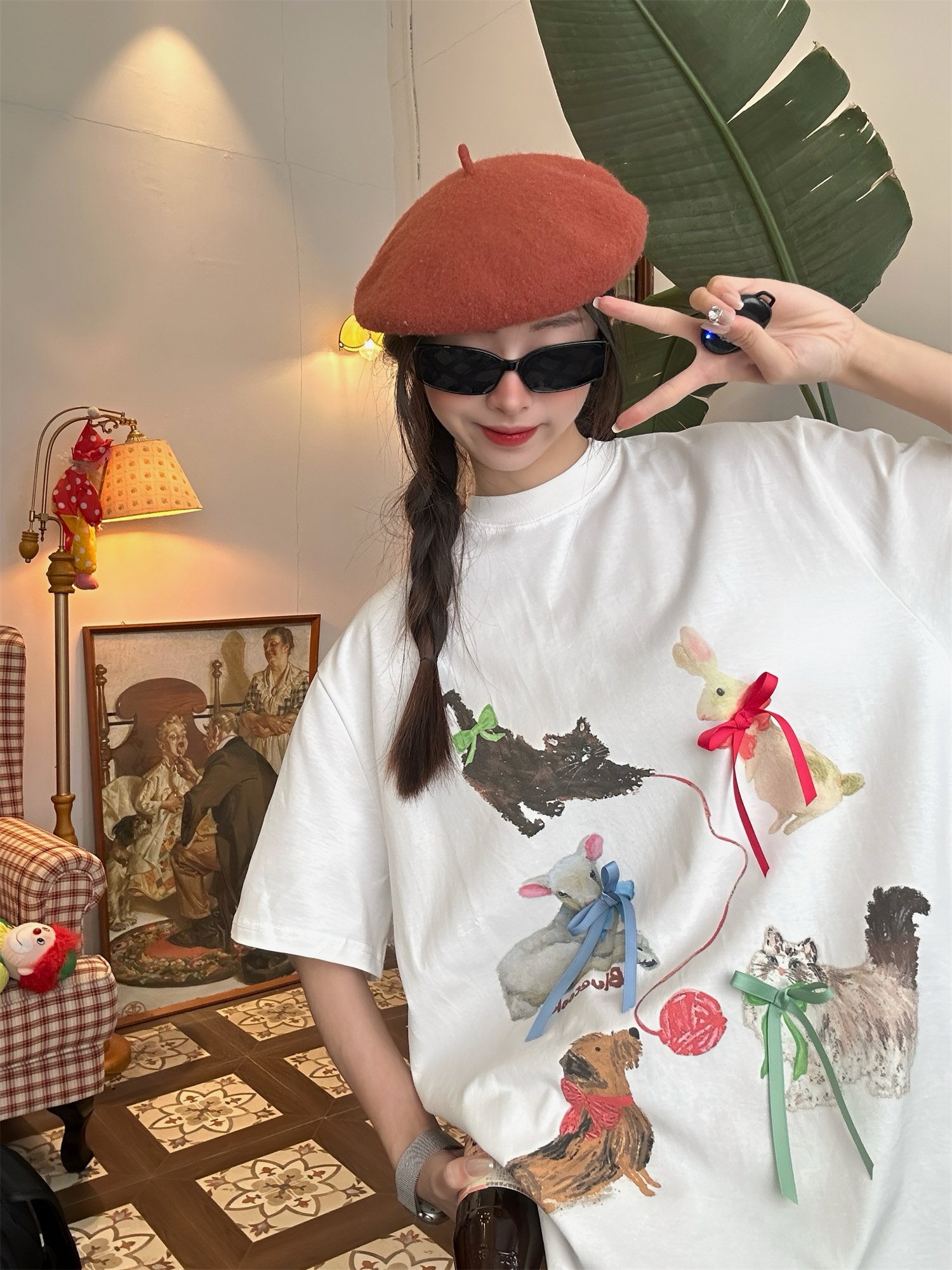 Japanese Retro Cute Cat Print Short Sleeve T-Shirt for Women, Bow Detail, Loose Fit, Y2K Style, Casual Summer Top