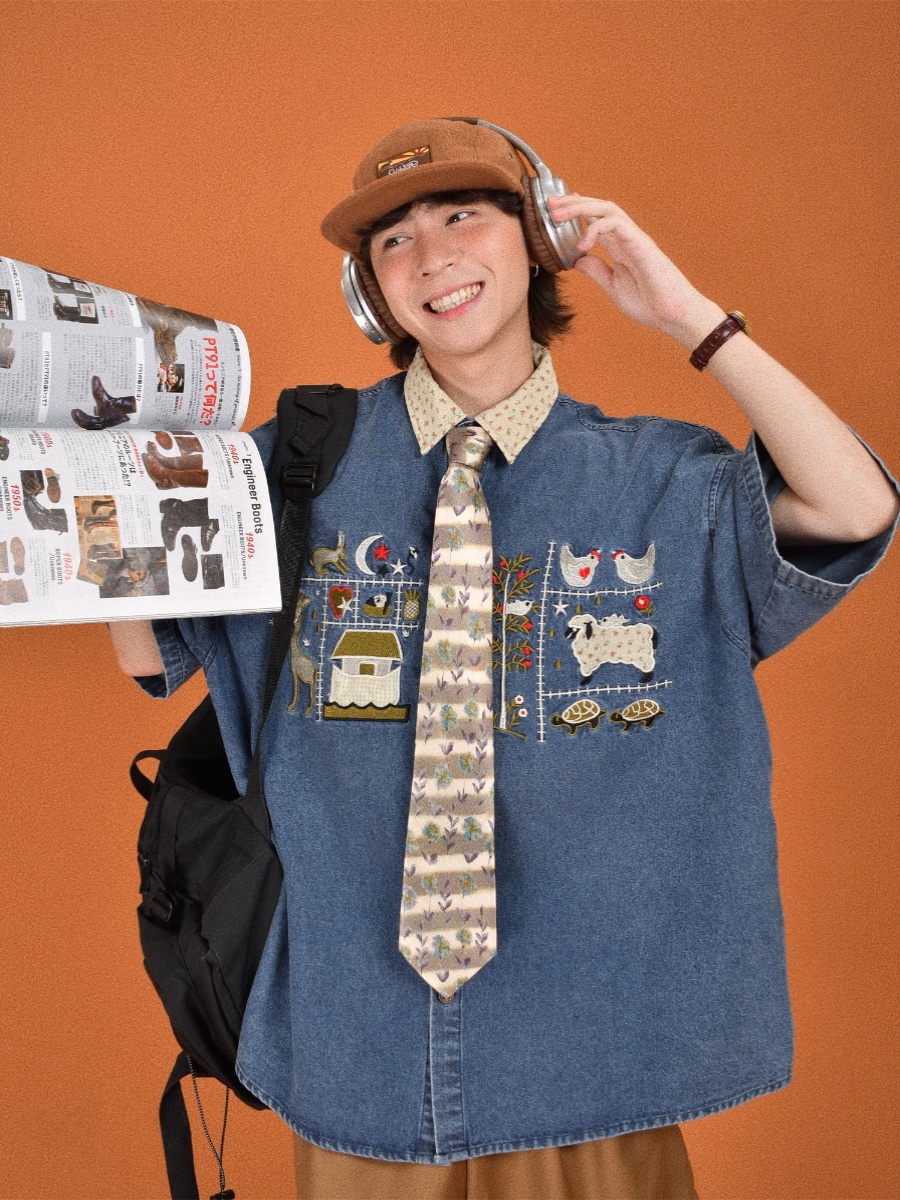 Japanese Retro Floral Embroidered Denim Short Sleeve Shirt - Summer Loose Fit Half Sleeve Top for Effortless Style