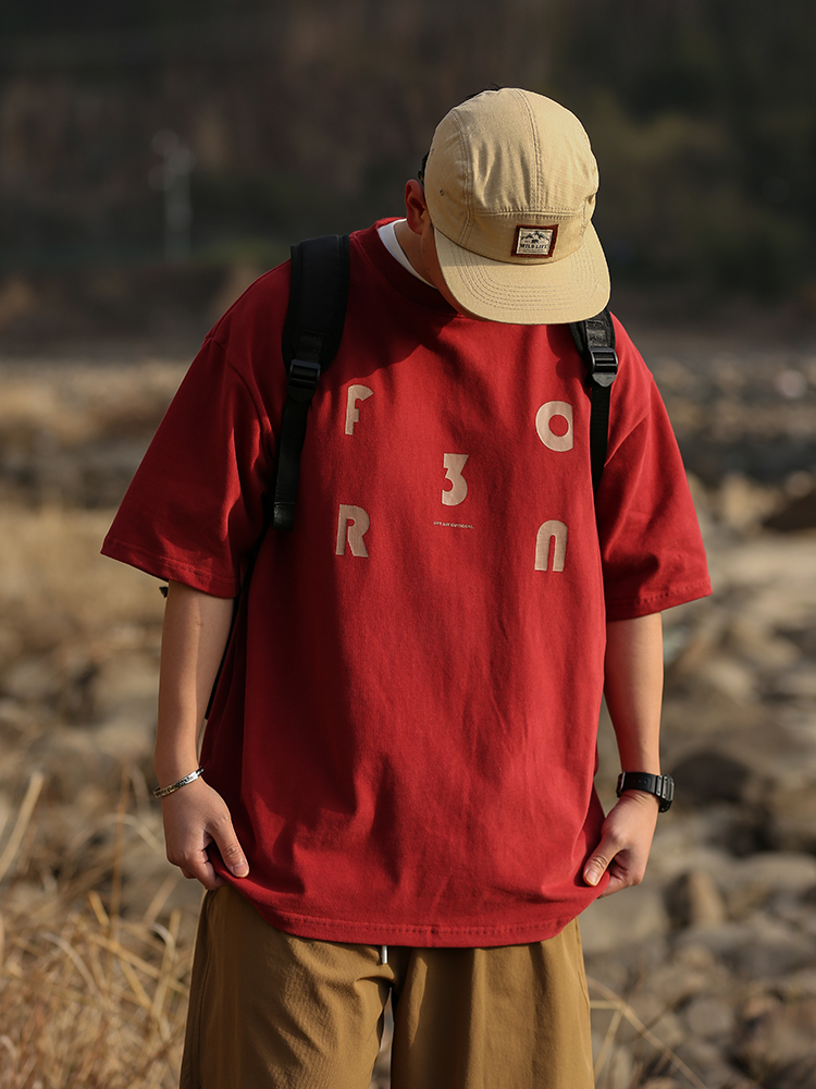 Japanese Retro Loose Casual Red Short Sleeve T-Shirt for Men and Women, Summer Letter Print Heavyweight Cotton Top