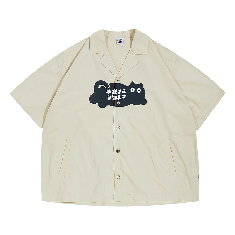 Japanese Retro Men's Short Sleeve "Logo Cat" Printed Work Shirt - Vintage Inspired Fashion, Casual Style, Y2K Aesthetic