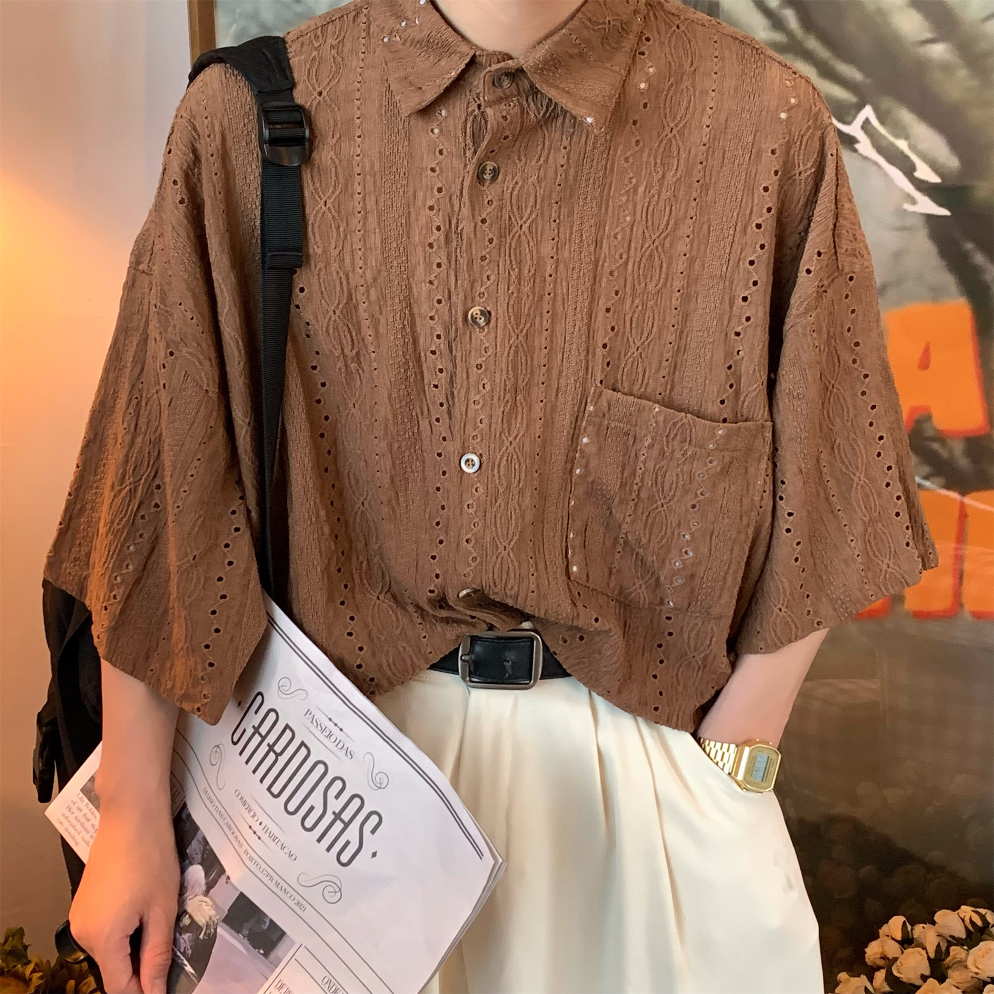 Japanese Retro Minimalist Hollow Short Sleeve Shirt - Handmade Light Luxury Unisex Summer Fashion Top