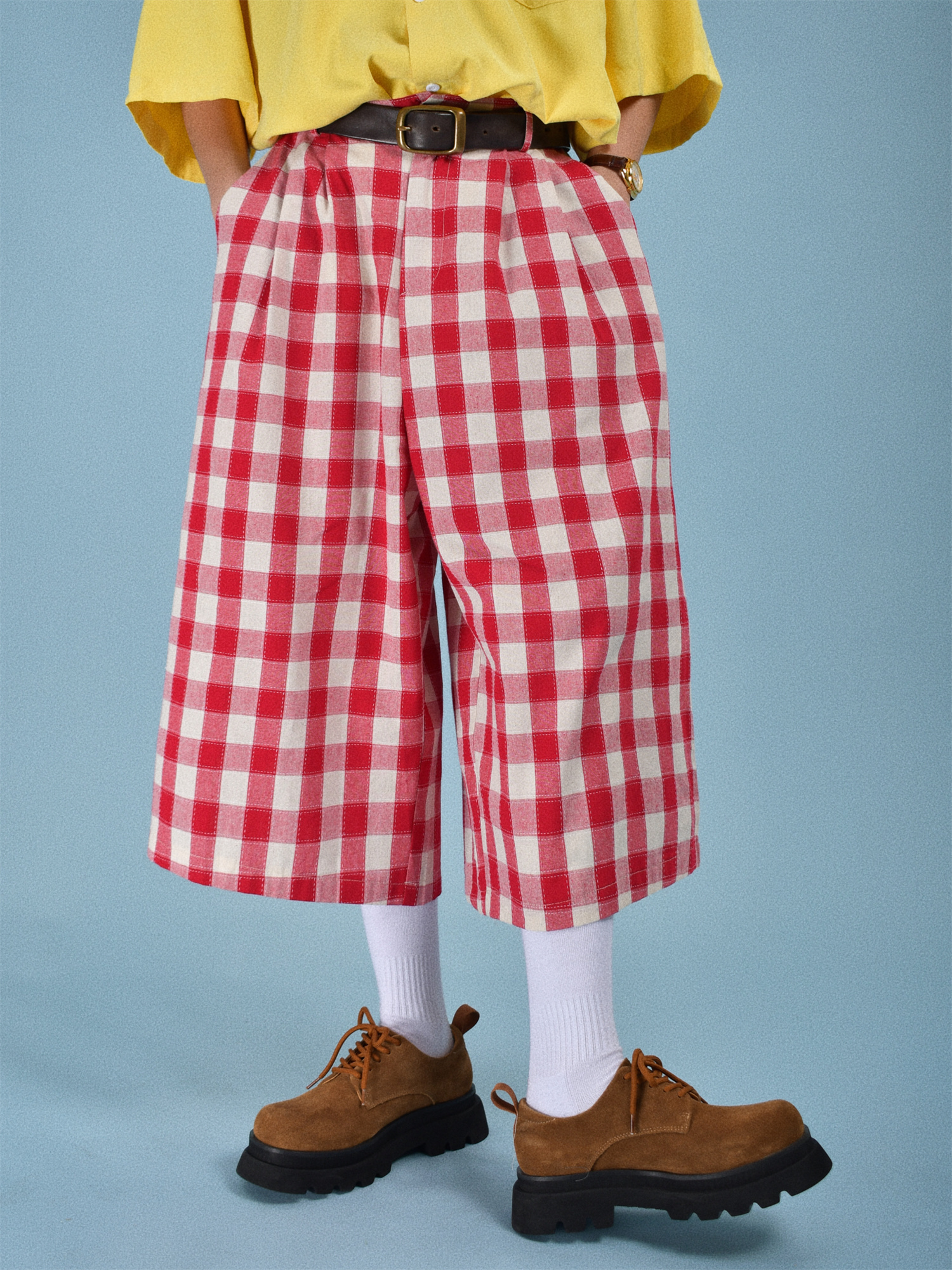 Japanese Retro Plaid Loose Casual Unisex Summer Wide-Leg Three-Quarter Pants - Versatile 90s Inspired Fashion