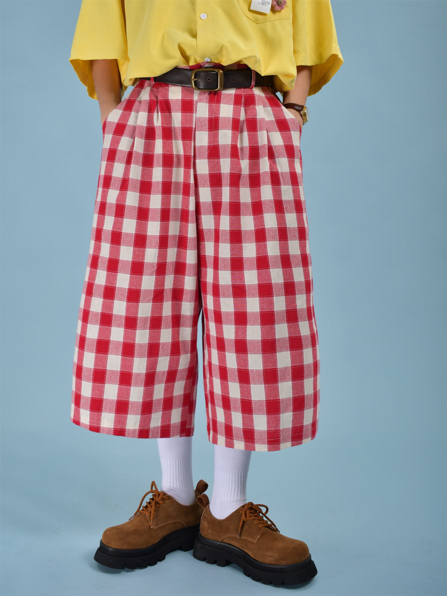 Japanese Retro Plaid Loose Casual Unisex Wide-Leg Summer Pants - Versatile Three-Quarter Length for Effortless Style