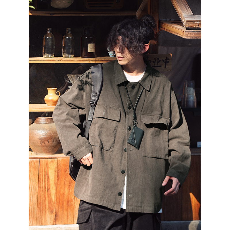 Japanese Retro Street Style Distressed Work Jacket for Men and Women, Loose Fit with Multiple Pockets, Spring Autumn Fashion
