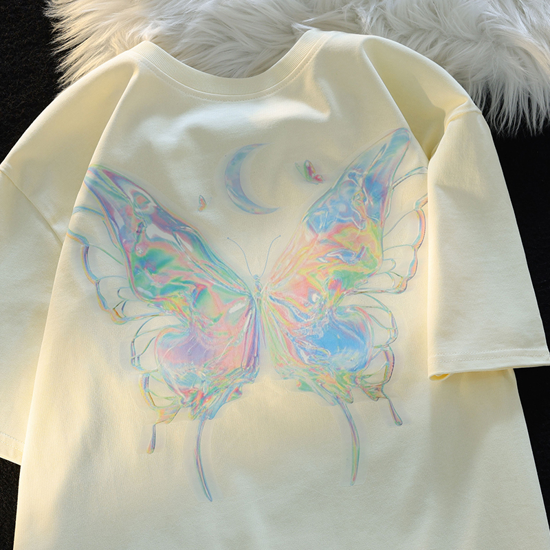 Japanese-Style Butterfly Print Cotton Short Sleeve T-Shirt for Men and Women, Plus Size Loose Summer Couple Top