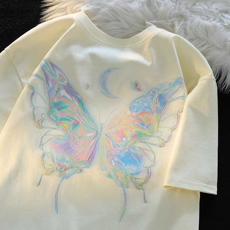 Japanese-Style Butterfly Print Cotton Short Sleeve T-Shirt for Men and Women, Plus Size Loose Summer Couple Top