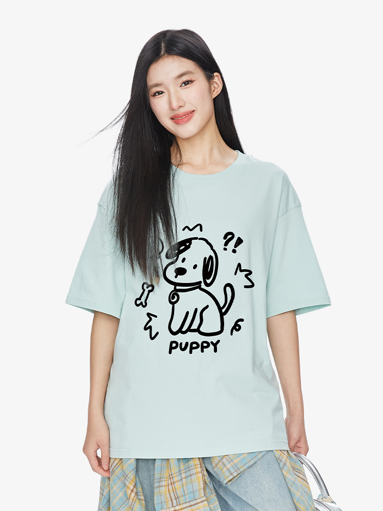 Japanese-Style Cartoon Dog Print Short Sleeve Top for Women - Cute Playful Petite Graffiti Fashion 2025