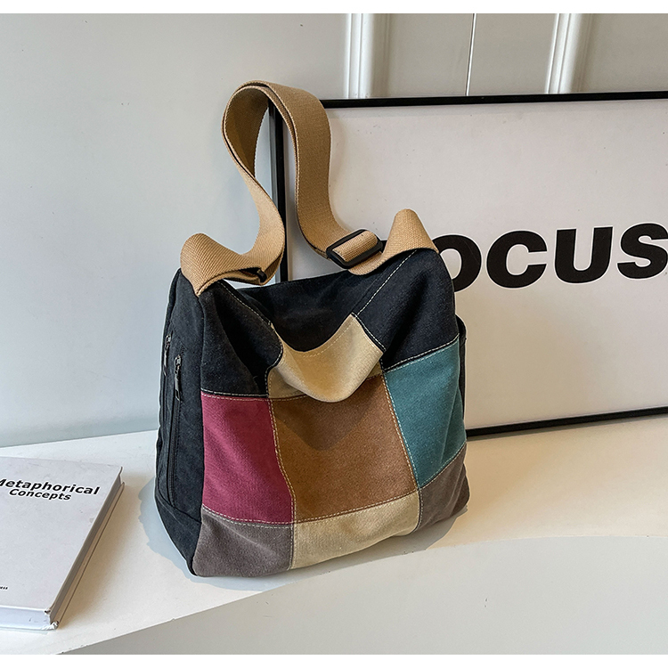 Japanese-Style Color-Blocking Retro Canvas Bag - Large Capacity Women's Shoulder Crossbody Bag for Students, 2025 Trend