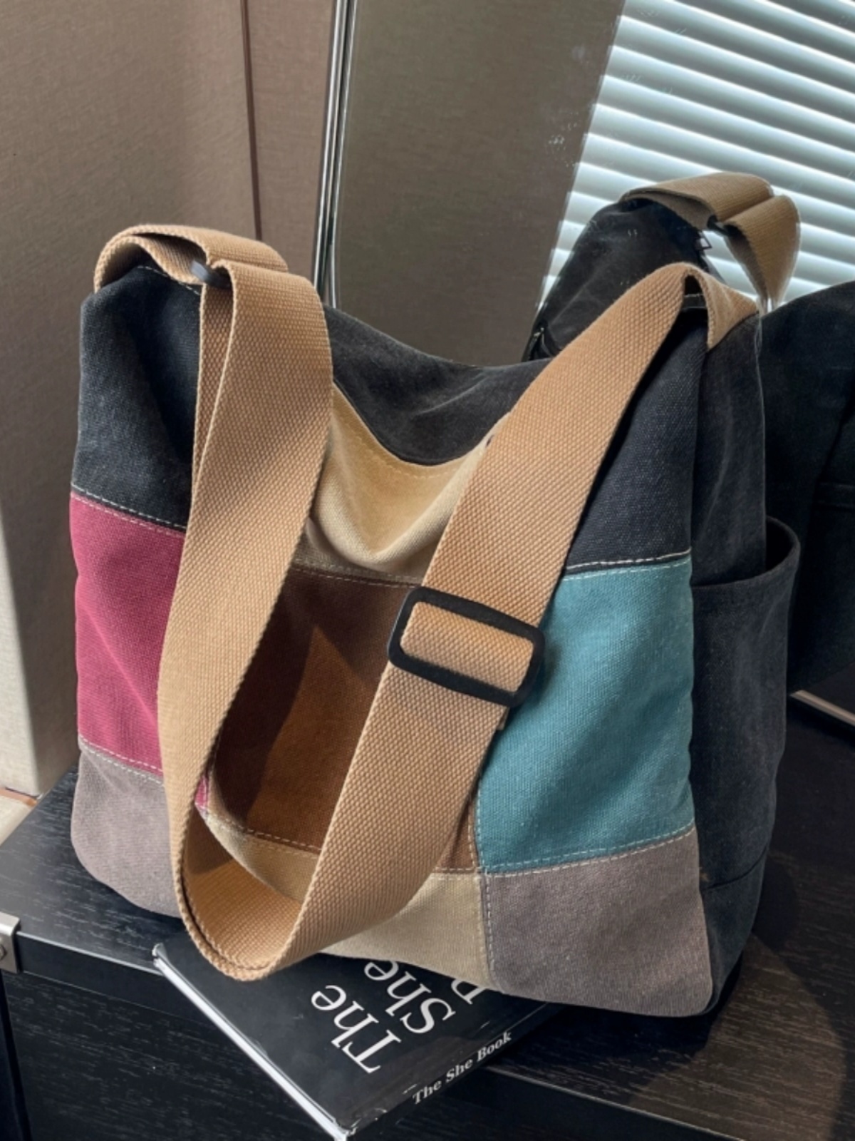 Japanese-Style Color-Blocking Retro Canvas Bag - Large Capacity Women's Shoulder Crossbody Bag for Students, 2025 Trend