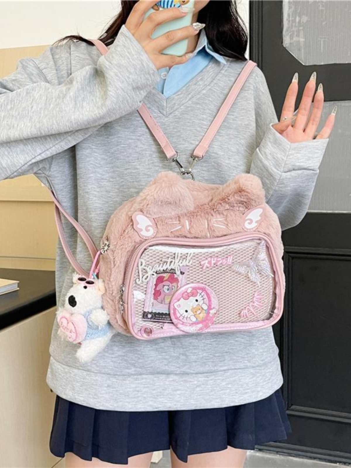 Japanese-Style Cute Cartoon Plush Crossbody Backpack for Spring/Summer 2025 - Trendy Hot Girl Double Shoulder Bag