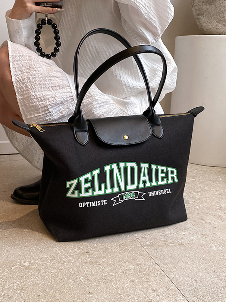 Japanese-Style Large Capacity Canvas Tote Bag for Women - 2025 Spring Summer Letter Print Handheld Shoulder Commuter Bag