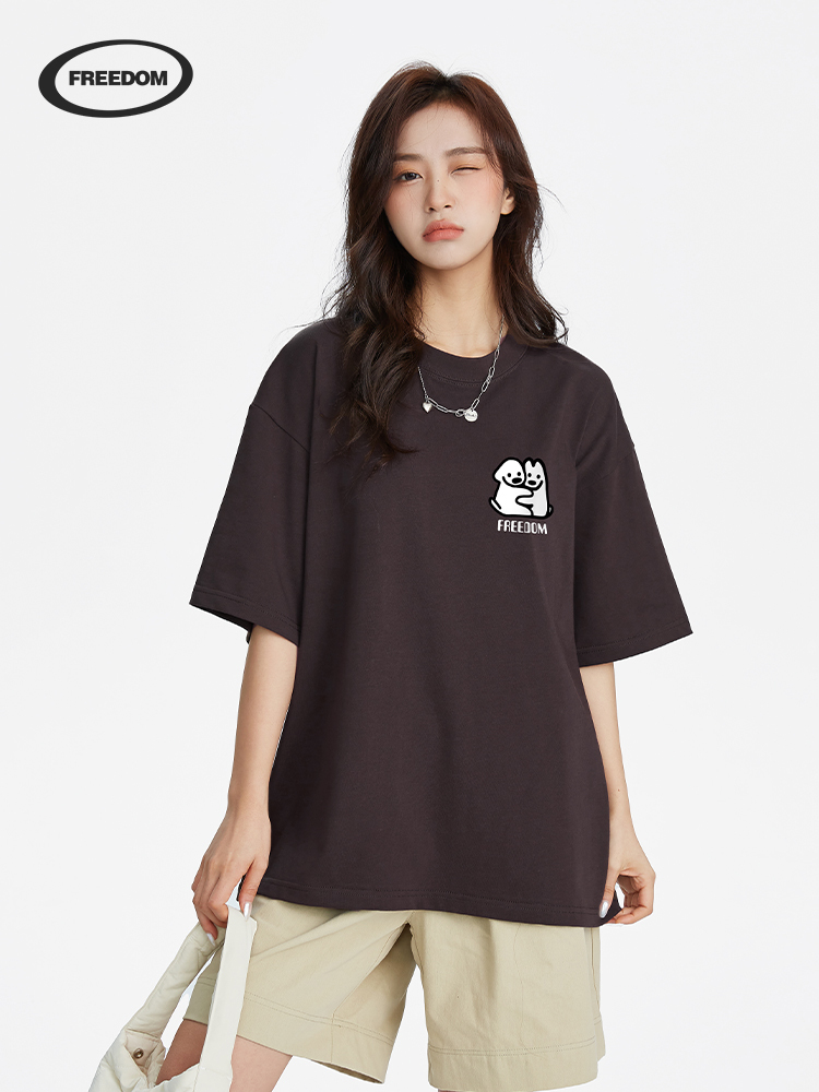 Japanese-Style Minimalist Dog Print Short-Sleeve Women's Top - Casual Cute Pure Cotton Shirt for 2025, Versatile Fashion Essential