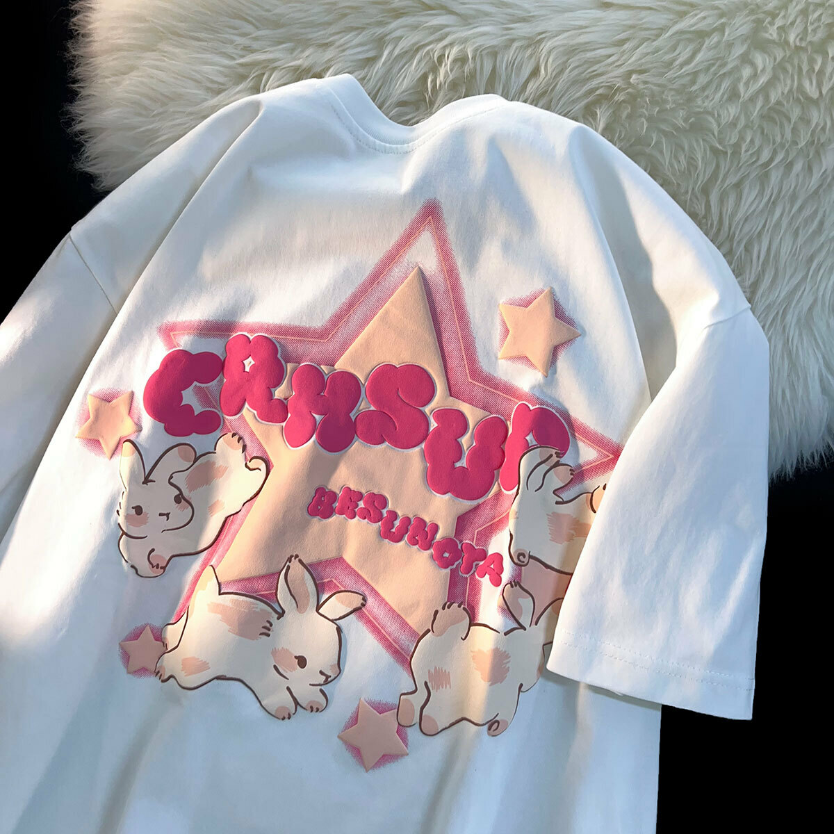 Japanese-Style Retro Cartoon Rabbit Print Short Sleeve T-Shirt for Men & Women, Plus Size, Loose Fit, Pure Cotton Couple Top